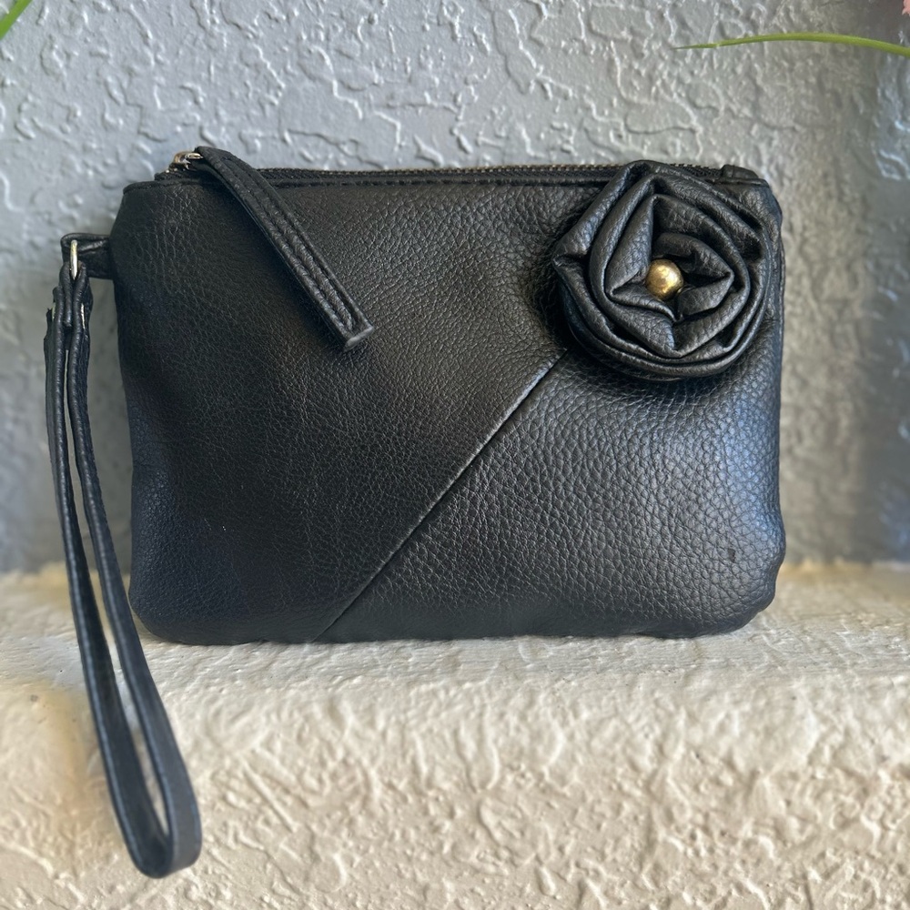 Elegant 3D Flower Black Leather Clutch Bag Travel Bag Evening Bag